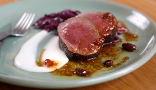 Sweet and sour venison with braised red cabbage